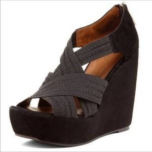 Donald J. Pliner Lawney Black Suede Elastic Strap Wedge Heels - Women